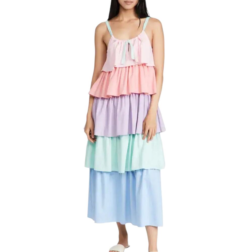 Olivia Rubin Women's Lilia Colorblock Rainbow Ruffle Midi Dress Size 10 UK, 6 US